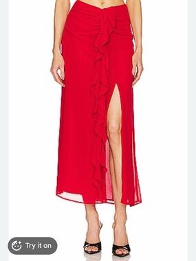 Bardot Akashi Deep Red Ruffle Midi Skirt with Side Slit - Med/6